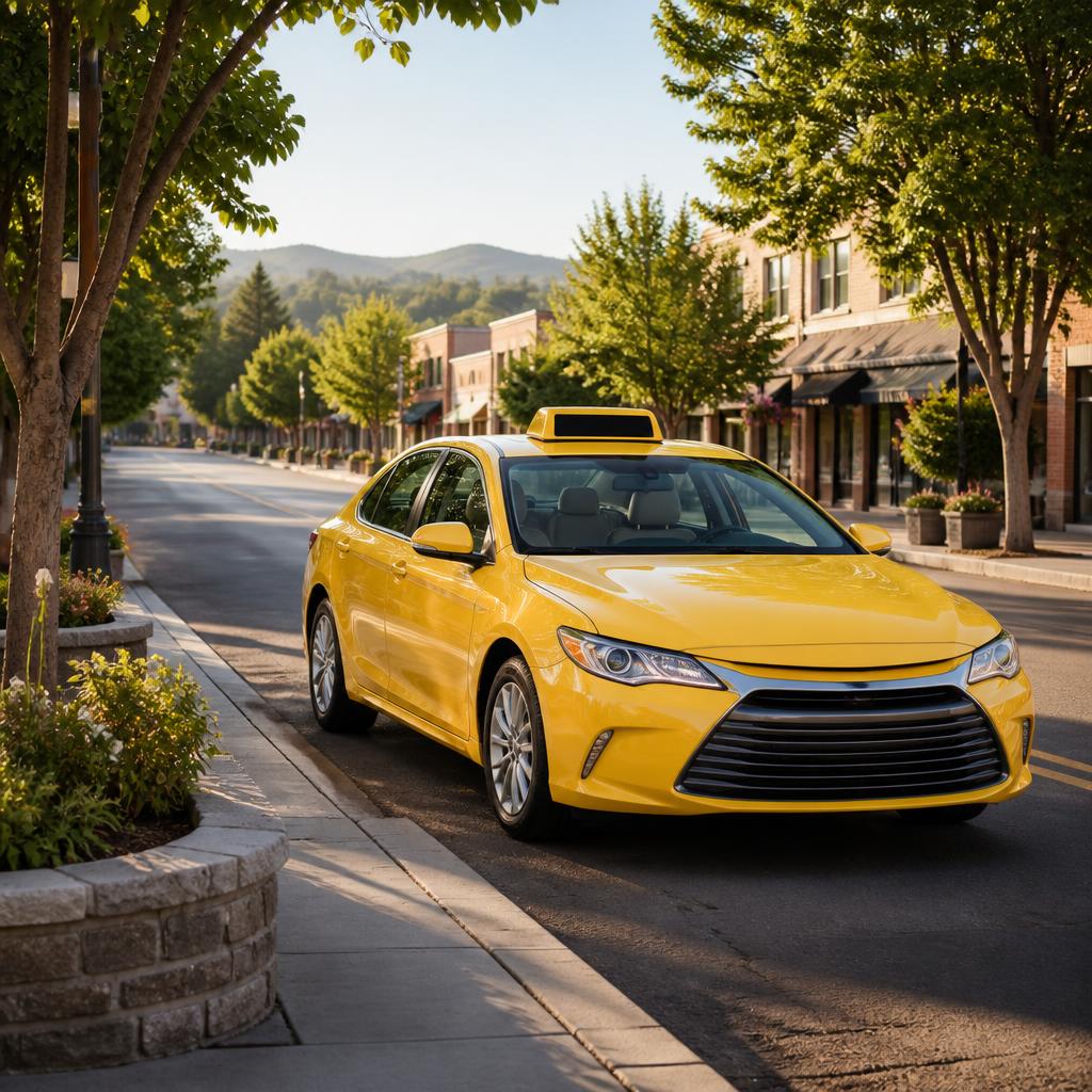 Illustrative yellow taxi on a tree-lined downtown street